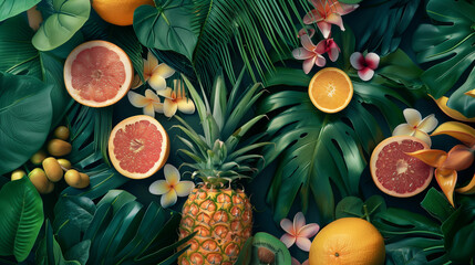  A vibrant tropical backdrop with palm leaves and exotic fruits