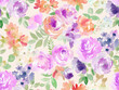 seamless pattern of purple roses and wildflowers painted in watercolor