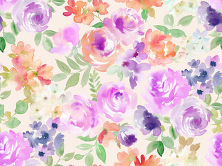 Wall Mural - seamless pattern of purple roses and wildflowers painted in watercolor