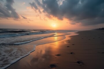 Wall Mural - Serene Sunset and Footprints Along the Beach