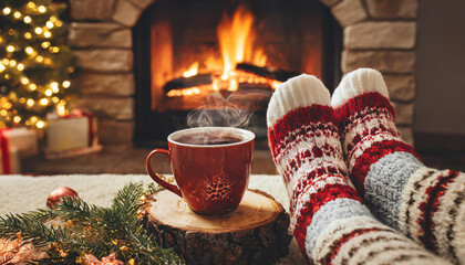 Wall Mural - Feet in woollen socks by the Christmas fireplace. Woman relaxes by warm fire with a cup of hot drink and warming up her feet in woollen socks. Close up on feet. Winter and Christmas holidays concept.