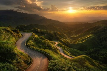 Wall Mural - A winding road in a mountainous landscape during sunset.