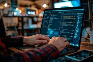 person working on a laptop with coding software.