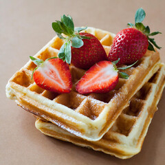 Wall Mural - Belgian waffles with strawberries on a beige background.