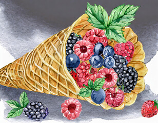 Wall Mural - Design of berries and waffle cones