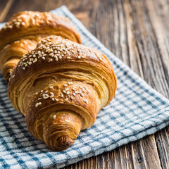 Wall Mural - French croissant on a napkin on wooden table banner with copy space