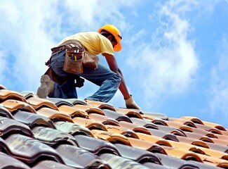 Roofer working in special protective work wear gloves, using air or pneumatic nail gun installing concrete or CPAC cement roofing tiles on top of the new roof under construction residential building