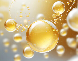 gold yellow bubbles, molecules with floating gold bubbles, Collagen Skin Serum and Vitamin bubbles in water, playful and vibrant, for beauty skin care cosmetics, spa products, or feminine brand,banner