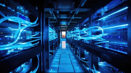 Sticker - High-Tech Data Center with Blue Network Cables