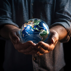 Poster - A pair of hands holding a globe with care. 