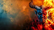 Fierce demon illustration with fire and ice contrasts