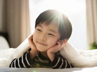 Poster - Asian little boy smiling at the morning in bed