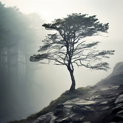 Sticker - An isolated tree in a misty forest.