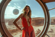 A fashion model poses confidently in a striking red outfit contrasting against the otherworldly desert backdrop viewed from a spacecraft window on an alien planet.