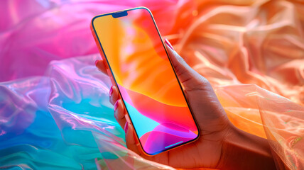 Mobile phone in a woman hand, colorful bright screen