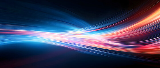 Wall Mural - An abstract background featuring colored waves with a stream of red and blue neon lines against a dark backdrop. The image depicts abstract neon light streaks resembling high-speed light trails.