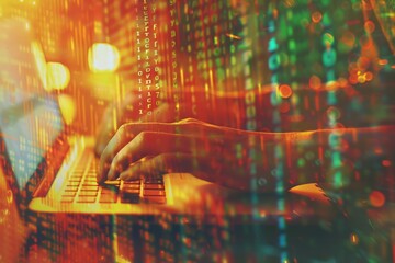 Person coding on a laptop with digital binary code overlay.