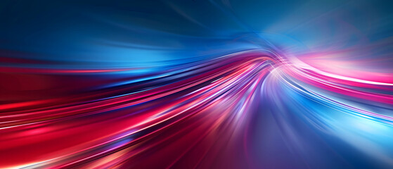 Wall Mural - An abstract background featuring colored waves with a stream of red and blue neon lines against a dark backdrop. The image depicts abstract neon light streaks resembling high-speed light trails.