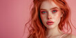 a girl with red hair, with pink and brown makeup on a pink background, monochrome palette, light chic concept, advertising decorative cosmetics, fashion and beauty
