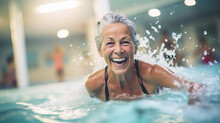 Active Mature Woman Enjoying Aqua Gym Class In A Pool, Healthy Retired Lifestyle With Seniors Doing Aqua Fit Sport