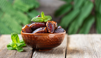 Canvas Print - Dried date and green mint in a bowl on old wooden table close up. selective focus, bokeh, copy space