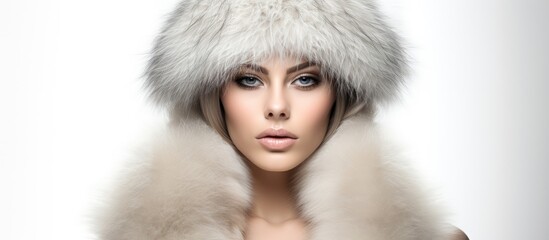 Sticker - Elegant Woman Posing in Stylish Fur Hat and Coat Outfit for Winter Fashion Editorial