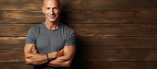 Canvas Print - Confident Bald Man Posing in Front of Rustic Wooden Wall with Handsome Beard