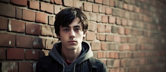 Poster - Confident Young Man Poses Against Urban Brick Wall in Cityscape Setting