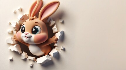 Sticker - 3d Easter bunny poster peeking out of a hole in the wall, rabbit jumps out of a torn hole