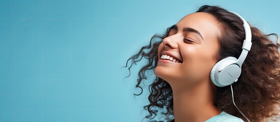 Poster - Happy young female enjoying music with headphones, exuding joy and relaxation