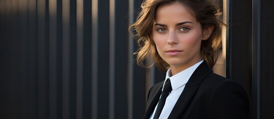 Poster - Confident Businesswoman Leaning Against Wall in Stylish Suit and Tie