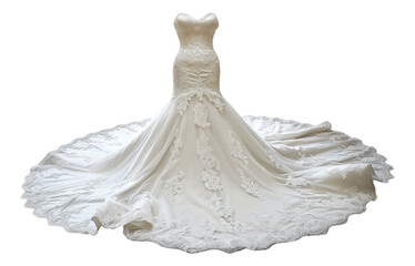 Elegant white bridal gown with lace details on transparent background - stock png.