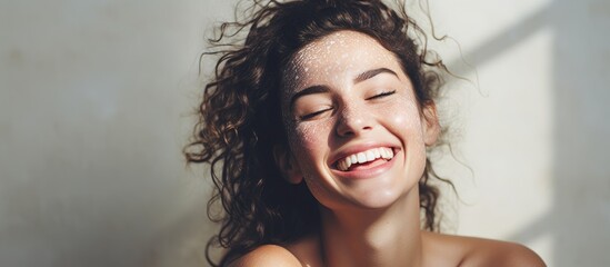 Poster - Refreshing Woman Embracing Natural Beauty with Wet Hair and White Shirt