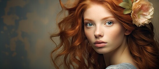 Poster - Serene Woman with Long Red Hair Adorned with Elegant Flower, Embracing Nature's Beauty