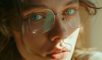 Wall Mural - Portrait of a beautiful young woman with glasses. Soft focus.