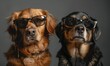 Two dogs in glasses on a gray background. Close-up.