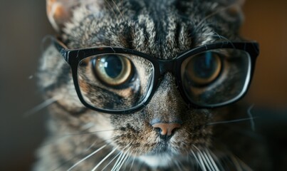 Portrait of a cat wearing eyeglasses, close-up