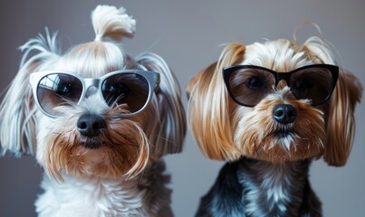 Wall Mural - Two cute yorkshire terrier dogs in sunglasses. Studio shot.