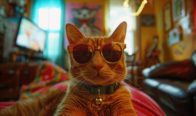 Wall Mural - Cute cat in sunglasses on the window background. Selective focus.