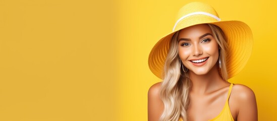 Poster - Stylish Woman in a Yellow Wide Brim Hat Posing with Confidence Outdoors