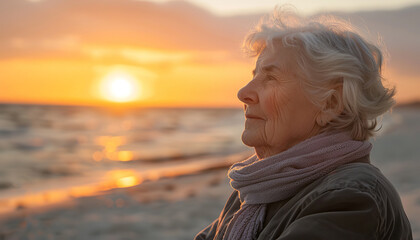 Poster - Senior woman gazing at the sunset from a beach - wide format