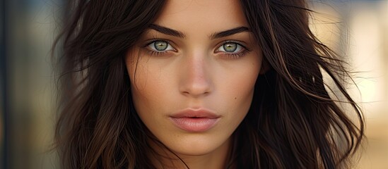 Poster - Elegant Brunette Woman Showcasing her Glossy Long Brown Hair in Natural Light