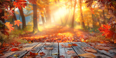 Wall Mural - empty wooden in autumn,  empty wood table on blurred natural autumn flower background with sunlight ,bokeh light, empty space, product display,banner