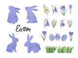 Fototapeta  - Easter watercolor set. Rabbits, eggs, flowers and branches design elements. Vector illustration