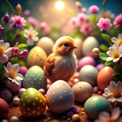 Yellow chick surrounded by eggs on spring meadow or field with green grass with flowers. Easter concept for banner, flyer or poster.