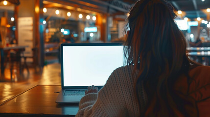 Wall Mural - Over shoulder shot of a young woman using computer laptop in front of an blank white computer screen in cafe