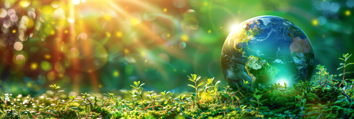 earth on green grass surrounded by trees and leaves,banner, Earth Day ,Environment