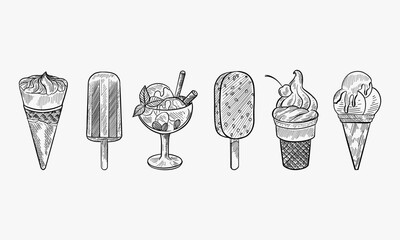 ice cream dessert. hand drawn black engraved vintage sweet delicious in bowl for restaurant isolated