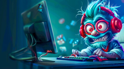 Animated gamer monster playing on computer