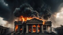 Major Fire On A Public Library With Dark Clouds Of Smoke And Explosion From Generative AI